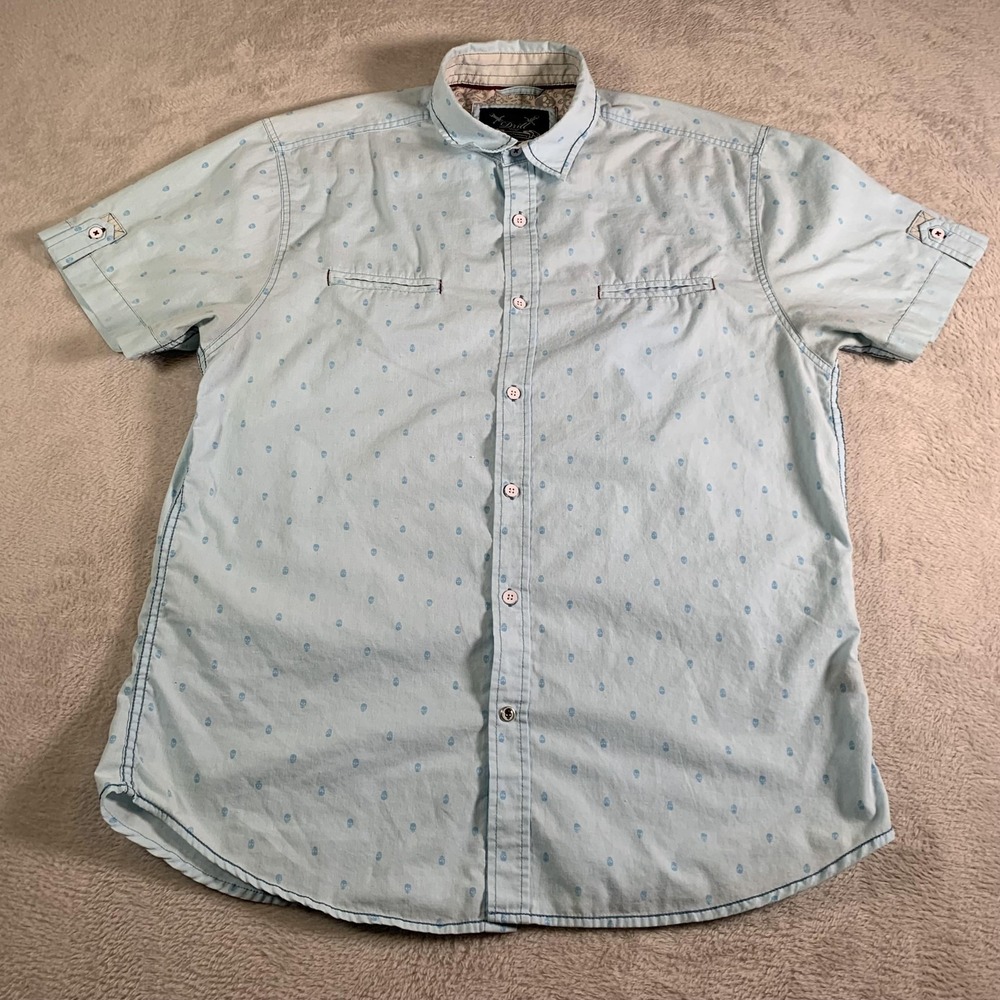 Drill Clothing Co Shirt Mens XL Blue Skull Print Short Sleeve Button Casual Slim